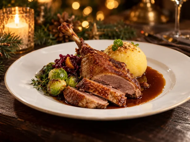 Weihnachtsarrangement: Gänsebrust und Keule mit Rotkohl, Rosenkohl und Kloß